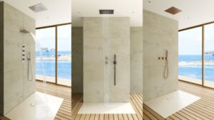 Sala de banho contemporânea com design clean, materiais nobres e iluminação natural, representando o luxo contemporâneo e a experiência no ambiente de banho.